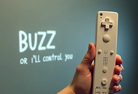 a wii remote pointing a the viewer, with an english text that says "buzz or i'll control you"