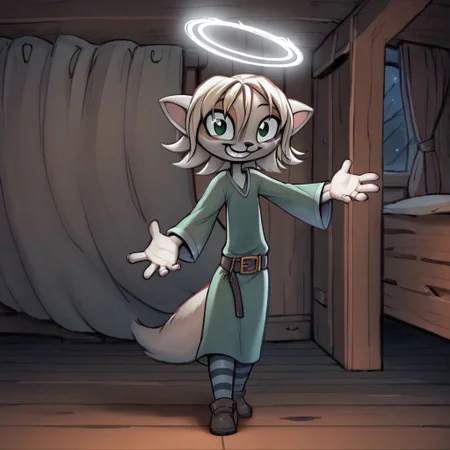 score_9, score_8_up, score_7_up, BREAK source_anime , 
paige,solo,portrait,furry,furry female,animal ears,facial marking around left eye, 
inside wooden cabin, night, smile,  3lf, ,long curly hair, , pointy ears, striped pantyhose, green dress, fur trim, smile,belt, (happy), looking at viewer, halo, saint, reaching towards viewer, (((five fingers))), ghost, transparent, aura, full body, hugging viewer