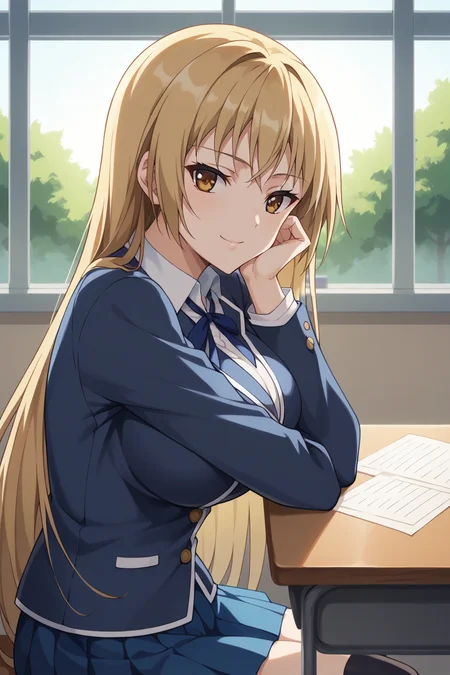 score_9, score_8_up, score_7_up, source_anime, 1girl, prefect lighting, very aesthetic, intricate details, highly detailed background, masterpiece, high quality, prefect hands, best quality, solo,
<lora:Riko_Ichinose_RanSem_V1:.85>, KJOriko, blonde hair, brown eyes, long hair,
White school uniform, blue pleated skirt, kneehighs, long sleeves,
sitting, at desk, head rest, smug, head tilt,
School, classroom, window, sunny, tree,
(Beautiful, large Breasts:1.2), natural breasts,