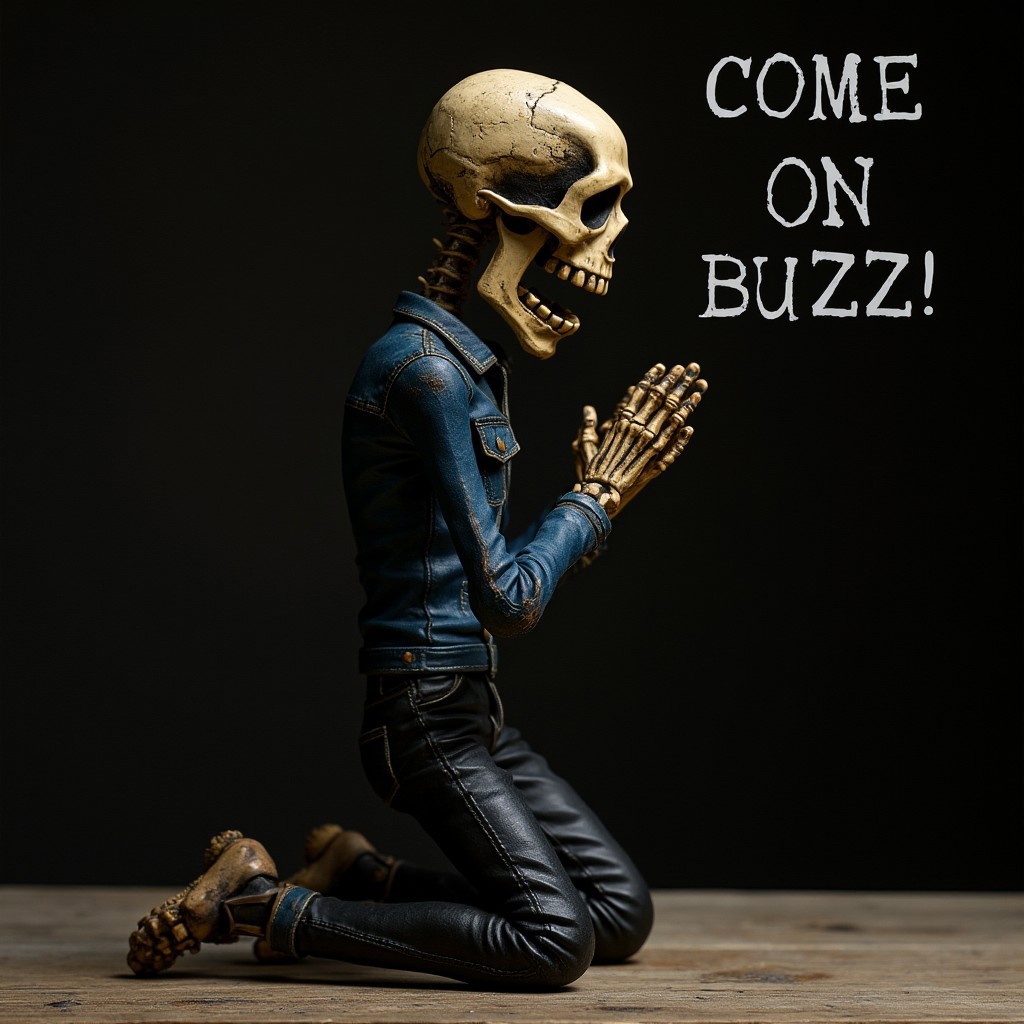 shouted "COME ON BUZZ!!" in bold clear texts.
human scale TMGE skeleton FIGURE, kneeling and praying, in navy denim jacket and black denim pants. in a spotlight. 
dirty surface texture on the skeleton.
high resolution, ultra detailed.