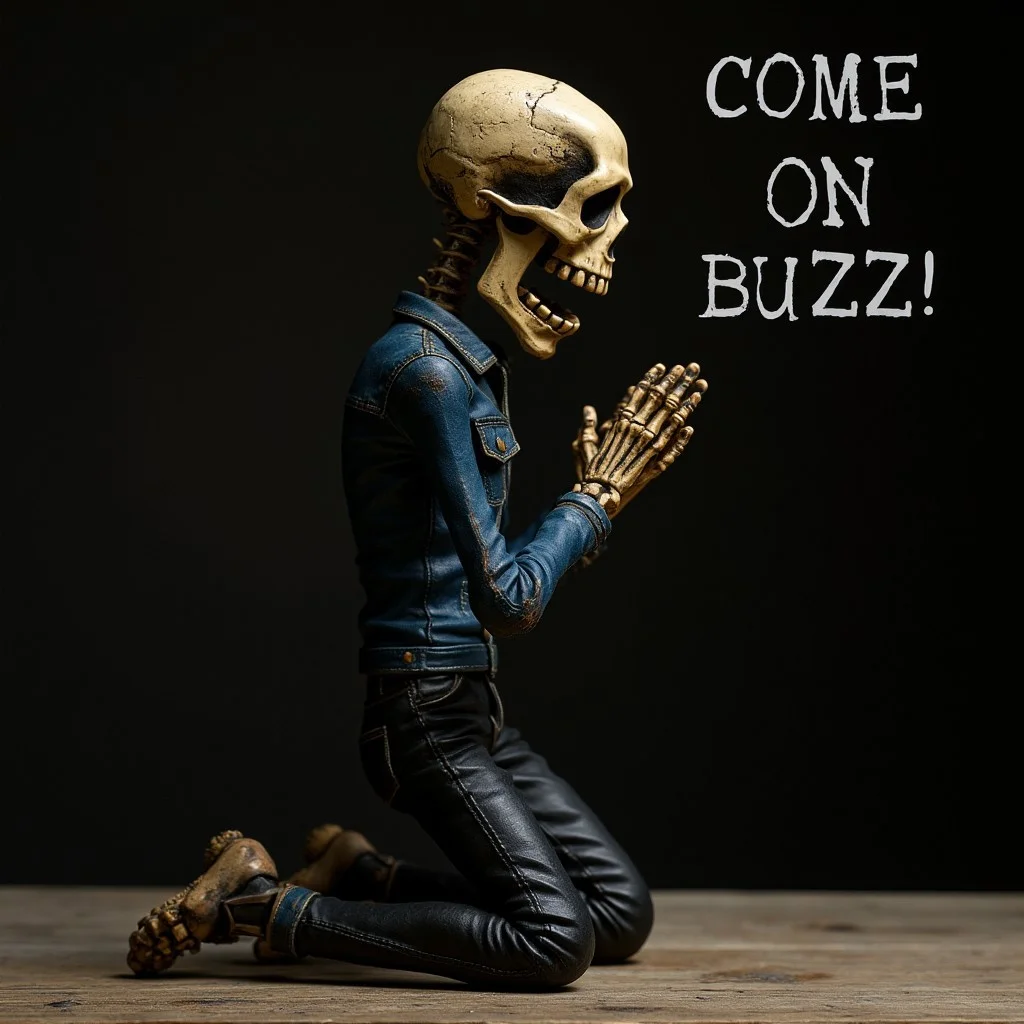 shouted "COME ON BUZZ!!" in bold clear texts.
human scale TMGE skeleton FIGURE, kneeling and praying, in navy denim jacket and black denim pants. in a spotlight.
dirty surface texture on the skeleton.
high resolution, ultra detailed.