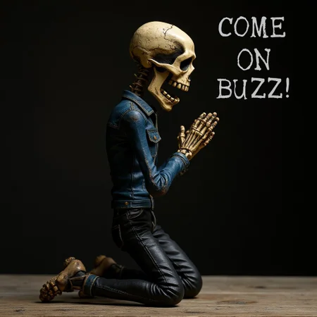 shouted "COME ON BUZZ!!" in bold clear texts.
human scale TMGE skeleton FIGURE, kneeling and praying, in navy denim jacket and black denim pants. in a spotlight.
dirty surface texture on the skeleton.
high resolution, ultra detailed.