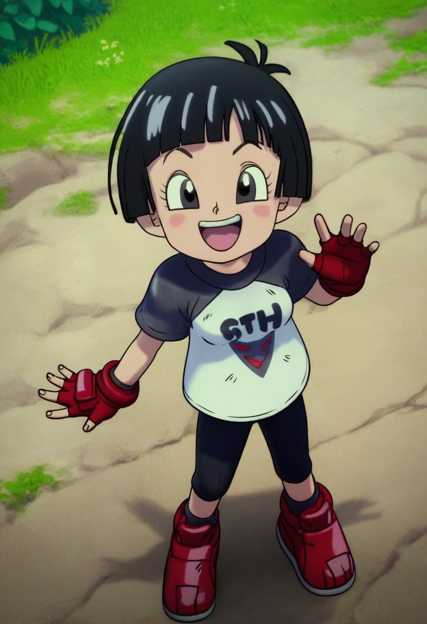 score_9, score_8_up, score_7_up, 1girl, pan \(dbs\), black hair, short hair, model, 2.5d, gloves, fingerless gloves, red gloves,  two-toned shirt, spats, happy, long legs, medium breasts,
