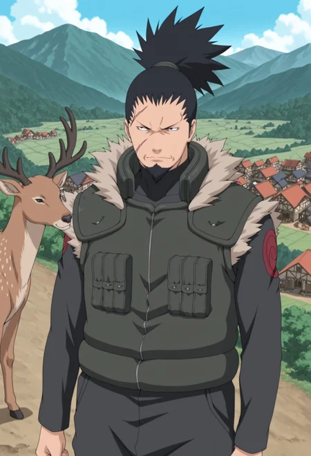 solo, masterpiece, modern, new, 1boy, male, masculine face, daddy looking face,

NarutoShikaku, black hair, ponytail, scar, beard, vest, standing, village, coat, deer, fur trim