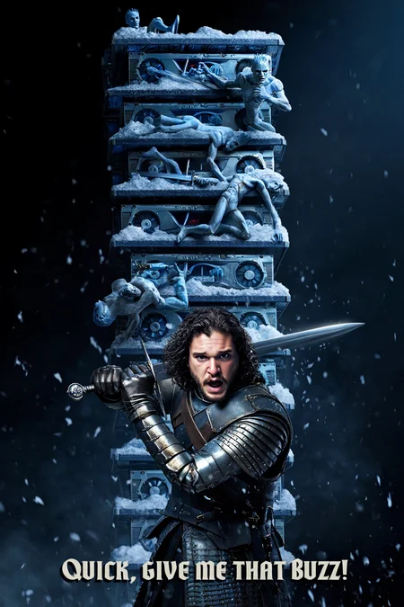 ​​​​A towering northern ice wall forged entirely from gleaming GPU stacks, their circuitry glowing faint blue beneath the frost. Scattered along the frozen ridges, fallen Whitewalkers twitch and claw randomly, some still attempting to descend the monstrous wall with eerie, undead grace. At the base, Jon Snow stands in worn Valyrian steel armor, sword drawn mid-motion, snow and ash swirling around him. His face is tense with urgency, turned back toward the viewer as he shouts, voice full of valor and desperation. big bold text at the bottom part of image in the style of Game of Thrones titles "Quick, give me that Buzz!", The scene pulses with cinematic energy: dramatic lighting from a crackling aurora above, wind tearing at cloaks, GPU fans whirring softly like ancient magic. It’s a moment caught between chaos and legend, with a meme-worthy twist.