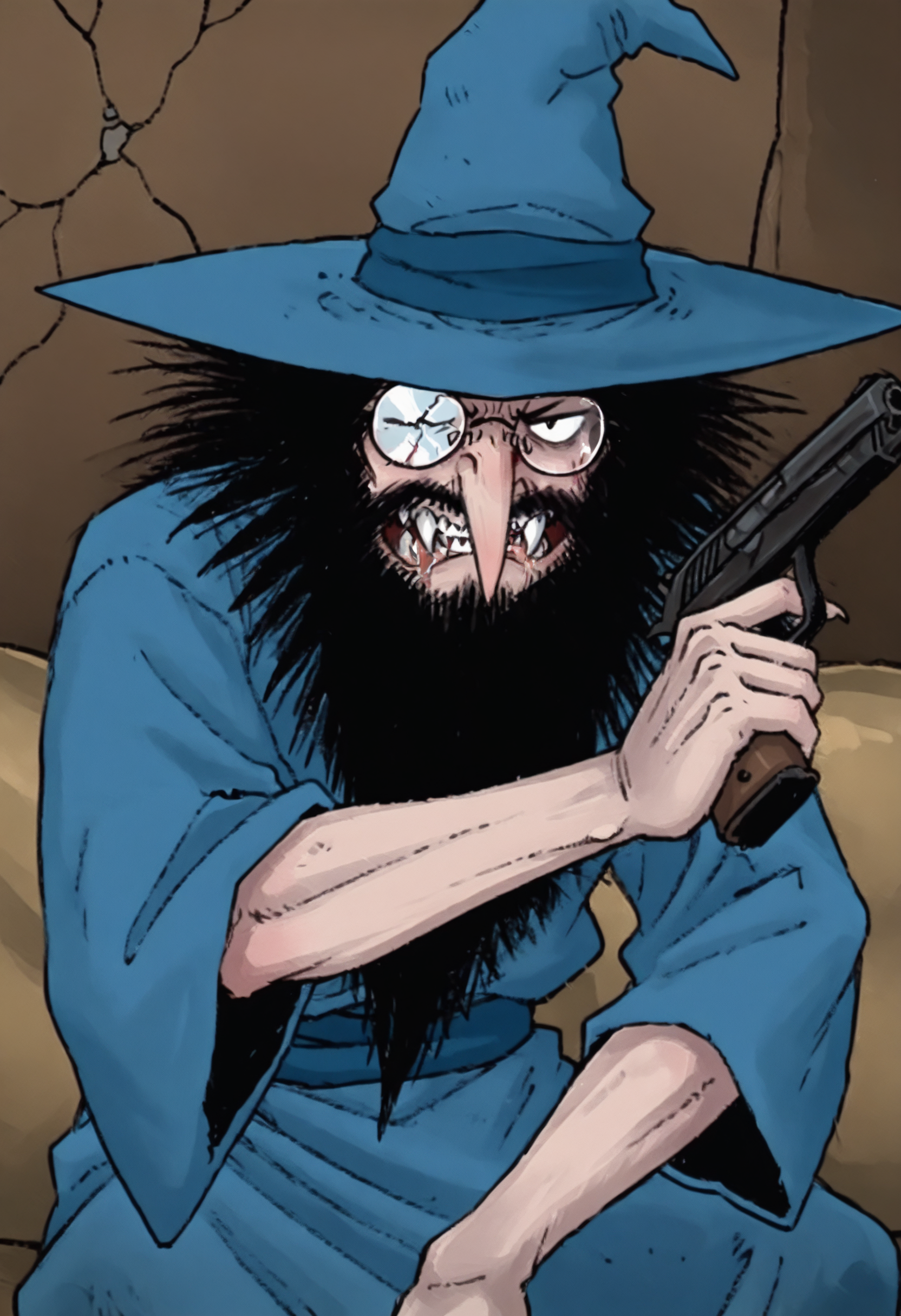 official style, anime coloring, masterpiece,best quality, amazing quality, 8K UHD,1man, vampire, kevinHP, wizard hat, glasses, broken lens, black beard, black hair, fangs, blue robe, holding  handgun, <lora:KevinHP_V.01-000035:0.8>,