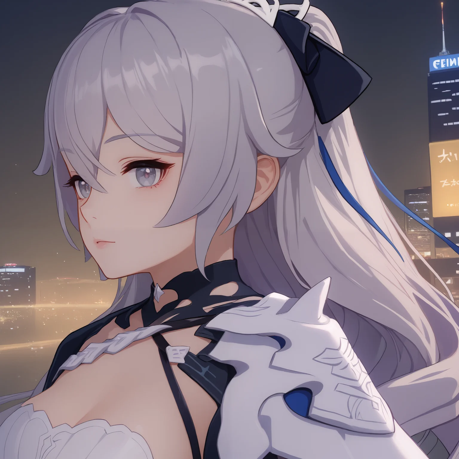 score_9, score_8_up, score_7_up, score_6_up, BREAK source_anime, looking at viewer, night, city, 1girl, solo, close up, masterpiece, best quality, high detailed skin, bronya zaychik, bronya zaychik \(silverwing n ex\), long hair, drill hair, grey hair, grey eyes, hair ornament, white dress, single glove, single thighhigh,