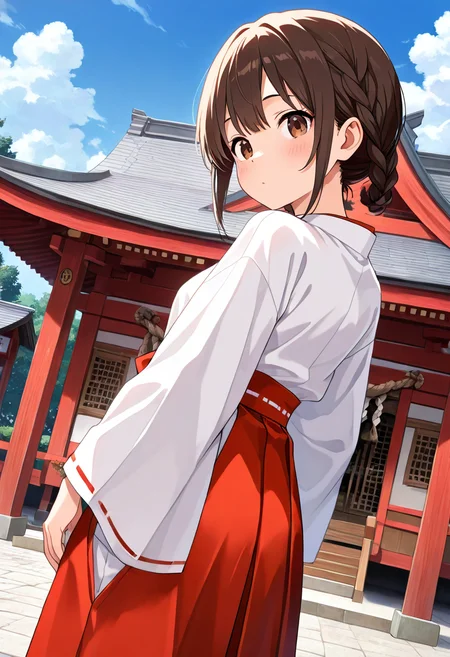 masterpiece, best quality, absurdres, very aesthetic, general,
1girl, braid, miko, back, looking at viewer, shrine, dutch angle, brown hair, short hair, brown eyes, cloudy sky, blue sky,