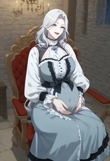 Score_9, Score_8_up, detailed background, night, pov, ruined tavern, Expressiveh, Character, zPDXL, 
1girl, Reneemacias, light blue eyes, grey hair, long hair,  Maternity wear uniform ,pregnant,
 Sit in a rocking chair,solo,living room,happy,
