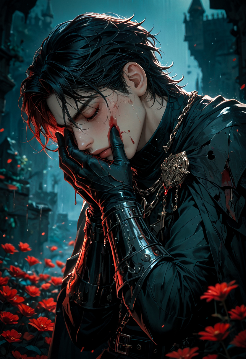 score_9, score_8_up, score_7_up, 1boy, bishounen, tears, blood on face, hands on face, side view, hair in face, rain, sad, closed eyes, emotional, blood, short hair, black hair, black gloves, belt, armor, chain, black pants, black background, shoulder armor, castle ruins, Night, red flowers, black cape, dark theme, dskxadms, ayami_style, comic art, dof, depth of field, blurry background, detailed line work, low key, cinematic lighting, detailed background, red theme,<lora:sdxl_lightning_8step_lora:0.9><lora:Art_Adams_Style_Pony_XL:0.4><lora:Dark_Anime:0.2><lora:glowneon_xl_v1:0.2> <lora:unholy-000009:0.2>