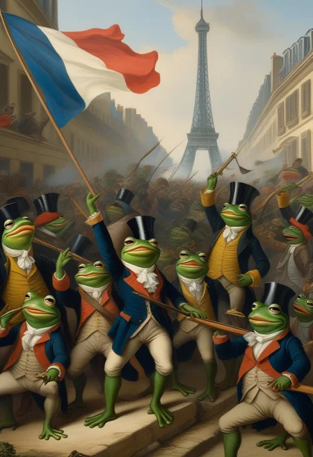 detailxl, high quality, intricate, renaissance_painting of,
frog, pepe_frog,
(crowd of frogs cheering, french during french revolution, french flag),
(paris street background),
(Liberty-Leading-the-People-painting by Delacroix: style1.5)