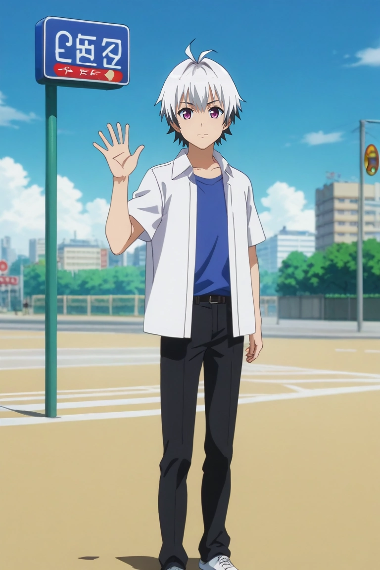 score_9, score_8_up, score_7_up, source_anime, rating_safe, intricate details, (3d:0.4), looking at viewer, depth of field, 1boy, solo, male focus, <lora:ren_elsie_jewelria_pony:0.84>, ren_elsie_jewelria, white hair, purple eyes, short hair, two-tone hair, multicolored hair, black hair, from afar, full body, bus stop, light, waving, giggling, , <lora:sdxl_lightning_8step_lora:1>