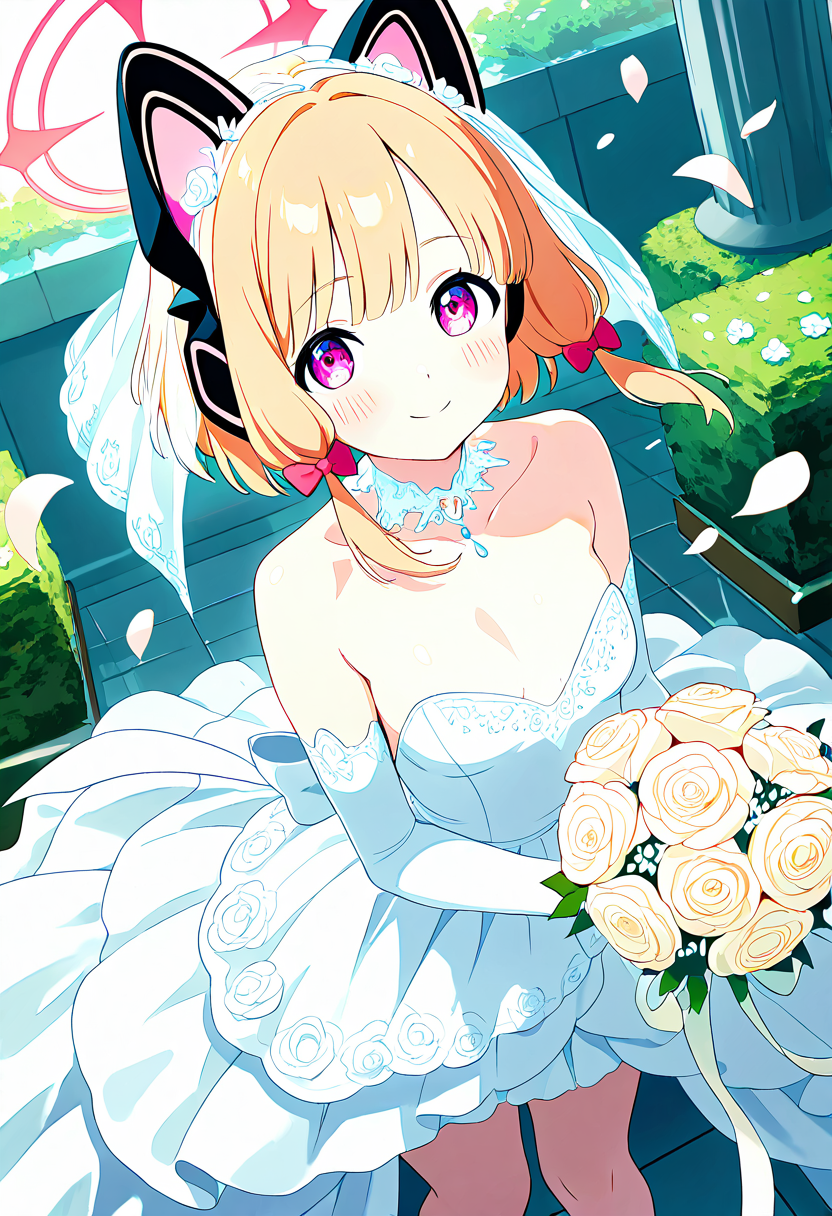 masterpiece, best quality, solo, curvy, beautiful eyes, narrow waist, wide hips, 1girl, solo, smile, looking at viewer, dynamic angle, foreshortening, close up,     zzMomoi, blonde hair, animal ears, fake animal ears, animal ear headphones, headphones, short hair, bow, halo, cat ear headphones, hair bow, red bow, pink eyes, pink halo,  ,<lora:MomoiBlueArchiveIXL:0.7>,[Elegant Bridal Moment], Strapless wedding dress, elbow-length gloves, flowing bridal veil, white heels, delicate bouquet, Standing in a sunlit garden aisle, surrounded by soft flower petals and dappled light filtering through trees, radiating grace before the ceremony.