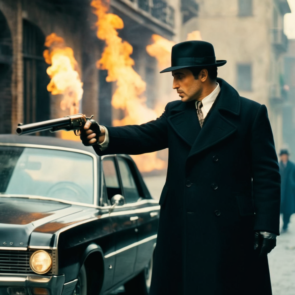 cinematic film still of  <lora:The Godfather Film Style:1.2>
a man in a hat and a black coat is firing with shotgun The Godfather Film Style , shallow depth of field, vignette, highly detailed, high budget, bokeh, cinemascope, moody, epic, gorgeous, film grain, grainy