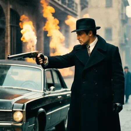 cinematic film still of <lora:The Godfather Film Style:1.2>
a man in a hat and a black coat is firing with shotgun The Godfather Film Style , shallow depth of field, vignette, highly detailed, high budget, bokeh, cinemascope, moody, epic, gorgeous, film grain, grainy
