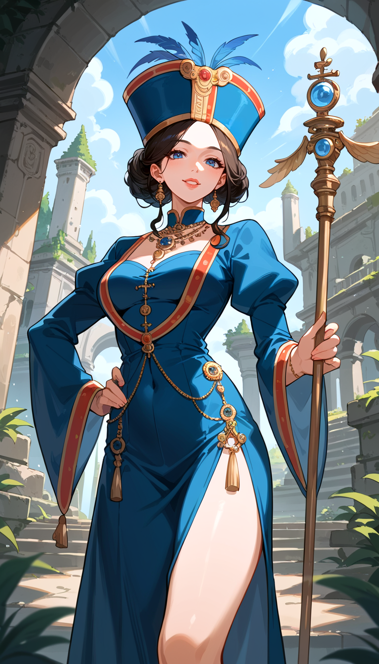 score_9, score_8_up, score_7_up, Anime Style, Cowboy Shot, Wizardess, enchanting, cute, seductive, innocent, light smile:0.3, plump lips, slender body, stands majestically, ancient ruins, wearing flowing Wizards robes, pointed hat, holding a staff adorned with intricate runes, depth of field, dynamic angle, fashion photography, sharp, hyperdetailed:1.15