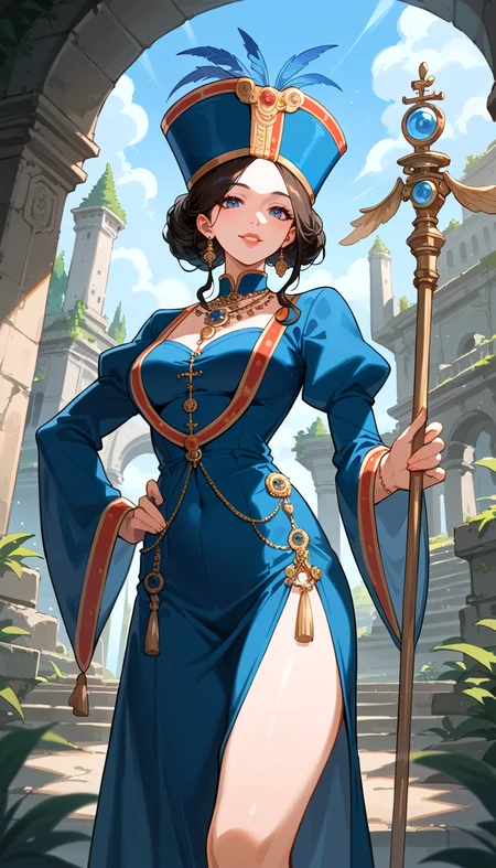 score_9, score_8_up, score_7_up, Anime Style, Cowboy Shot, Wizardess, enchanting, cute, seductive, innocent, light smile:0.3, plump lips, slender body, stands majestically, ancient ruins, wearing flowing Wizards robes, pointed hat, holding a staff adorned with intricate runes, depth of field, dynamic angle, fashion photography, sharp, hyperdetailed:1.15