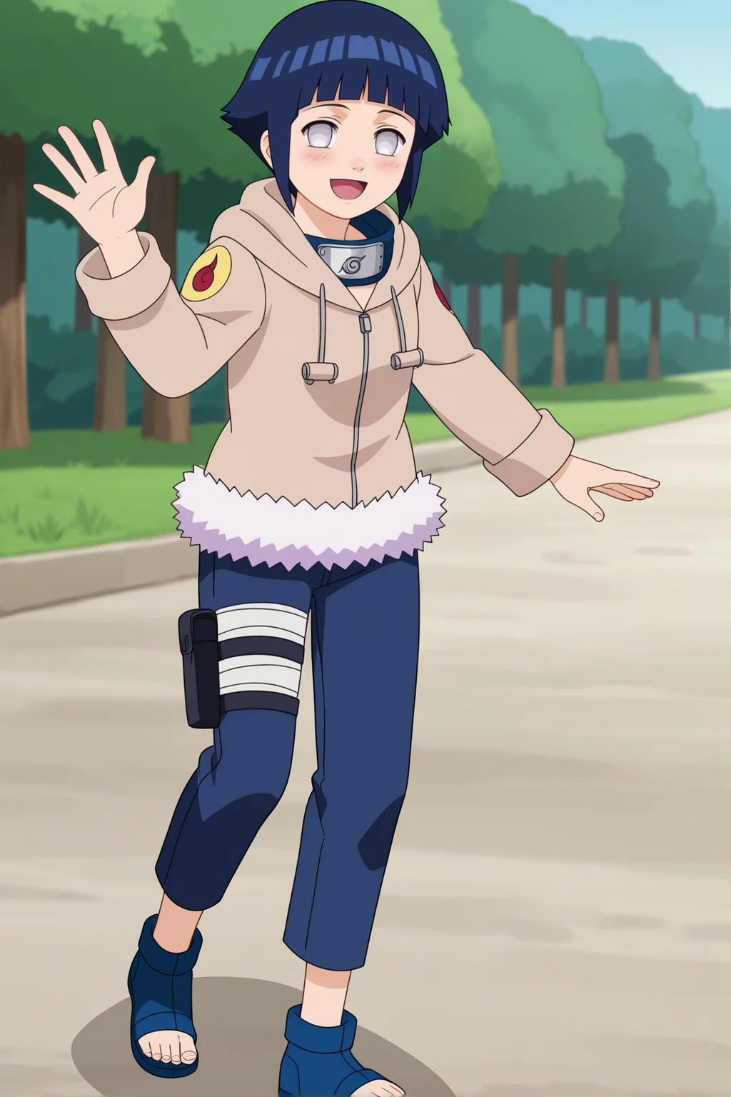 score_9, score_8_up,source_anime,
<lora:HinaGeninXL:1>,short hair, dark blue hair, no pupils, 1girl, blunt bangs, shiny hair, grey eyes, hoodie, solo, hood down, long sleeves, looking at viewer, blush, fur trim, capri pants, smile,standing, full body, bandages, thigh holster,konohagakure symbol, forehead protector, waving, open mouth, toeless footwear,legs together,
outdoors, forest,
anime screencap, anime coloring,