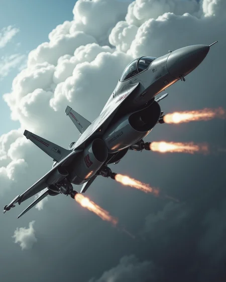 A highly detailed, high-quality image in the style of ckrcc,
photograph featuring a futuristic fighter jet in full action flight, low angle view, jet blast, cloudy sky, missile shots fired