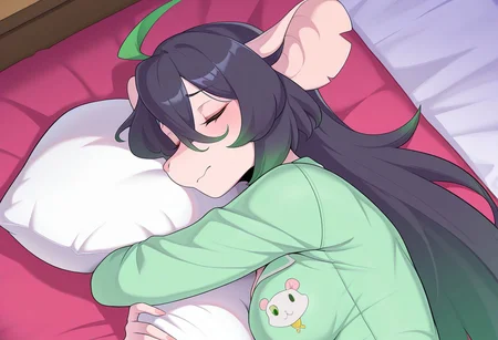 IllusP0s,
SkyKainIChooseYou,
1 girl, rat girl, anthro, solo, black hair, long hair, green ahoge, green hair tips, closed eyes,
SkrolkSkKain, SkrolkLinenColoredSkin, SkrolkScars, SkrolkEyes, SkrolkHair, SkrolkEars, PastelPinkNoseSkrolk,
medium breasts,
green pajamas, dakimakura, large pillow as big as her, lying on her side,
hugging a dakimakura with horned rat painted on it,
indoors, bedroom, from above,