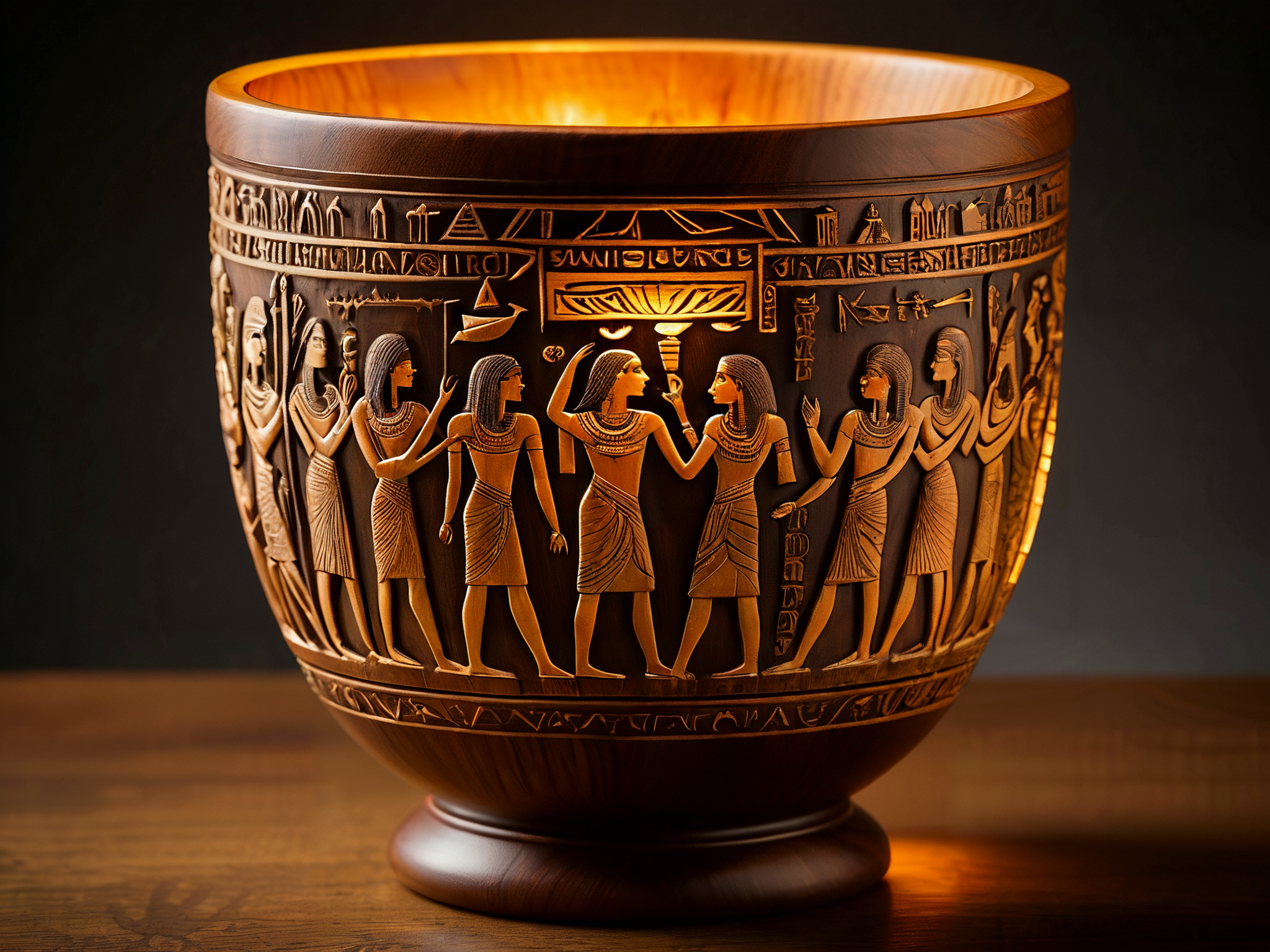 award winning photo, 

A masterpiece of artwork, the carved wooden chalice depicting scenes from ancient Egypt around the cup. (The cup glows with an ethereal light, luminous from within:1.95),