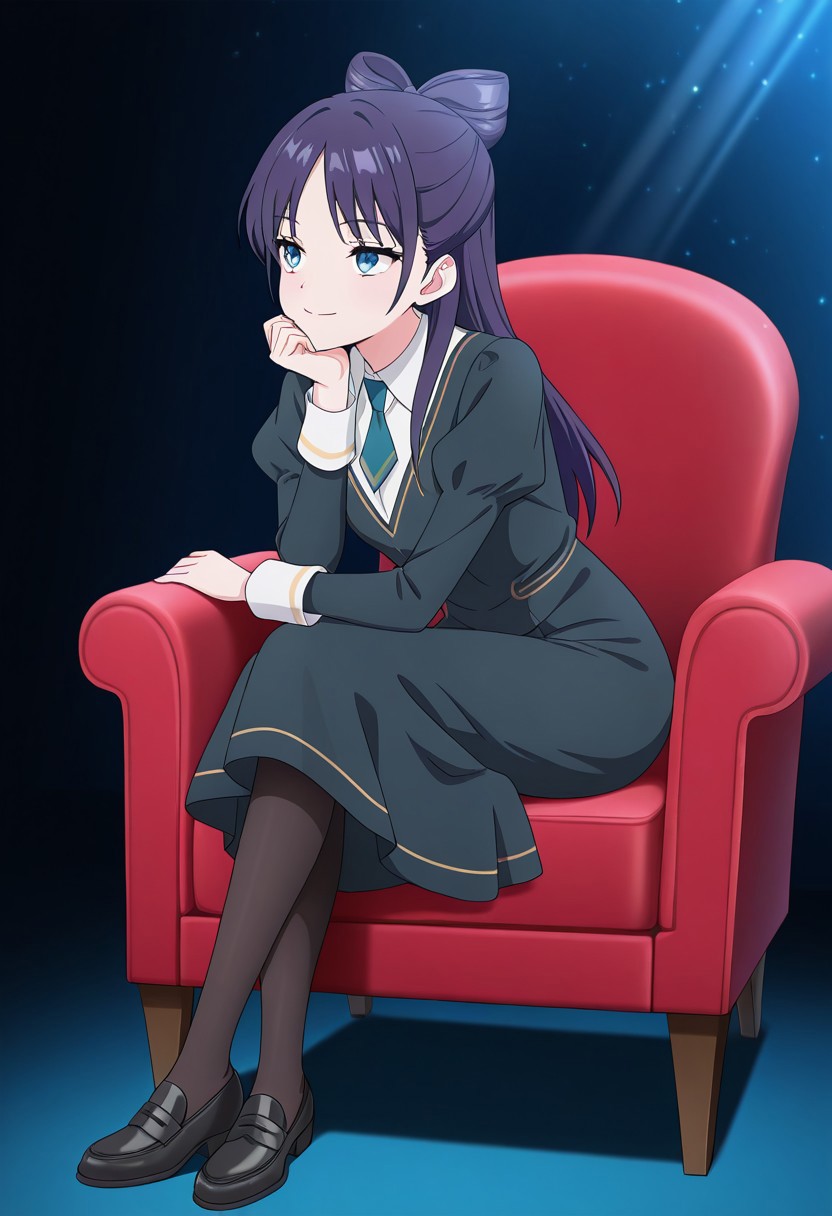 (absurdres, best quality, masterpiece:1.4), amazing quality, highres, newest, detailed, detailed body, detailed face, source anime, anime coloring, beautiful, dark background, petite, on fancy red chair, sitting, light ray, cross legs, hand to own chin, downturned eyes, looking ahead,
BREAK
WWNemu, 1girl, solo,  smile, NemuAniHu, dark purple hair, bow-shaped hair, parted bangs, half updo, blue eyes, v-neck dress, white inner collared shirt, Short necktie, juliet sleeves, long skirt, black pantyhose, black shoes,