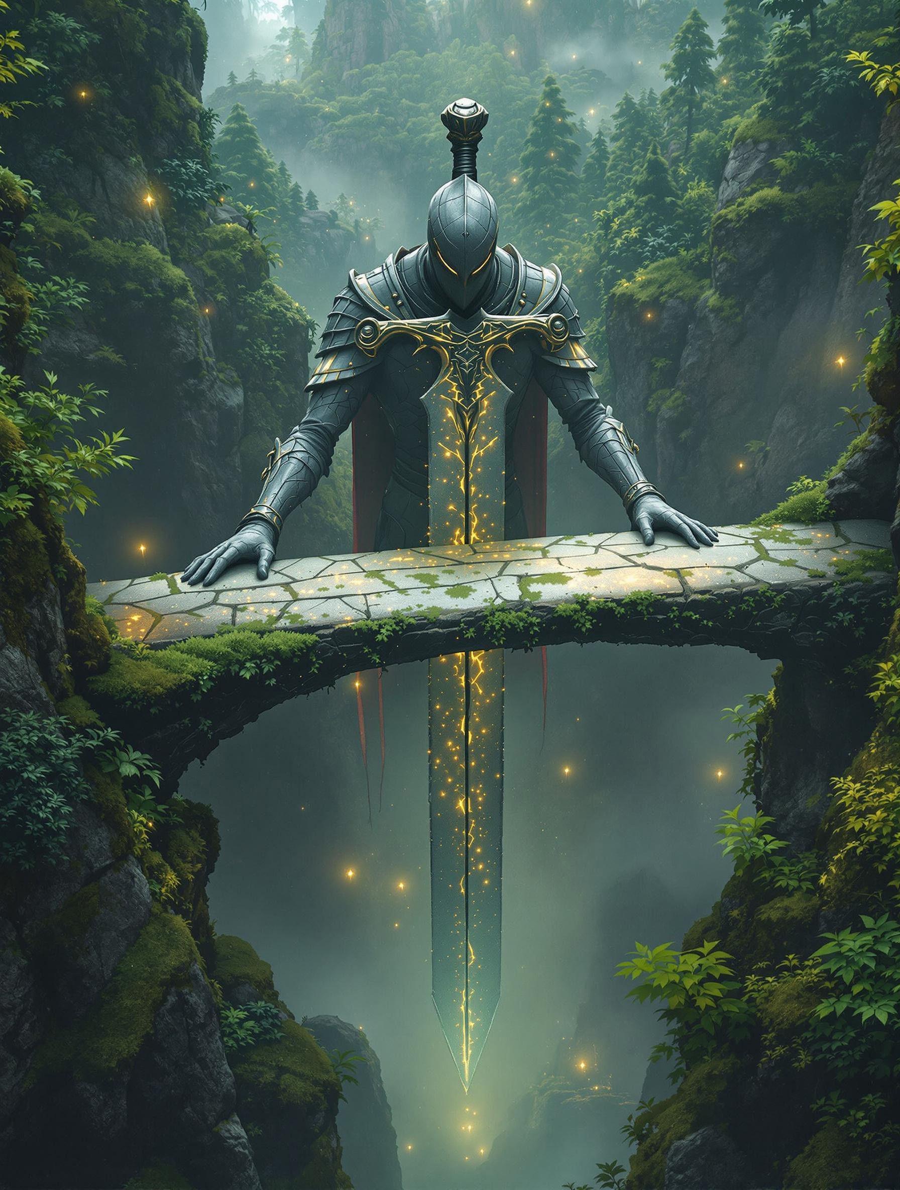 Here’s the revised prompt emphasizing the knight offering the sword like a tray, with hands beneath it:
"A mesmerizing mystical landscape viewed from a bird’s-eye perspective, featuring a colossal stone knight as the central figure. The knight is in a kneeling position atop a moss-covered rocky pedestal, holding a massive sword horizontally in both hands as if offering it like a tray. His stone hands are positioned palms-up beneath the sword, supporting its weight. The sword, ancient and weathered, forms a bridge spanning a deep chasm, its surface cracked and adorned with creeping moss and vines. The knight’s figure, carved from weathered stone, is covered with intricate carvings and patterns, now faded by time, and further adorned with patches of moss and small plants growing from its crevices.
Behind the bridge lies an enchanting, otherworldly forest, dense with towering trees and thick foliage. The forest is shrouded in a soft, glowing mist, with faint bioluminescent lights emanating from the vegetation, casting an ethereal glow. Rays of cinematic light break through the mist, illuminating the knight, the sword bridge, and the surrounding area with a surreal, golden-green hue. Every detail is rendered with maximum precision, from the textures of the knight’s cracked stone surface to the vibrant, mystical forest. The atmosphere is one of reverence, ancient mystery, and awe-inspiring beauty."