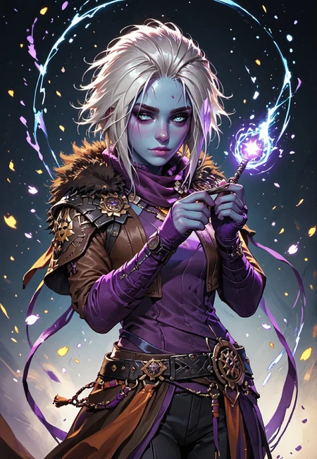 ((zPDXL3)), ((masterpiece,best quality, highly detailed)), ((score_9)), score_8_up, score_7_up, score_6_up, score_5_up, score_4_up, Digital painting style, brushstrokes, ((EnhanceImage)), solo, 1girl, mara sov, blue skin, fur trim, brown jacket, fur-trimmed jacket, cropped jacket, shoulder armor, long sleeves, purple gloves, fingerless gloves, black pants, belt,
Expressiveh, 30yo,
chinese magical sorceress, animated, swirling magic, wisps of magic, magical accessories, evoking motion, conveying motion, dynamic splash art, ((handfixer)), four fingers, one thumb,
<lora:PainterlyFantasiaPDXL:0.6>,