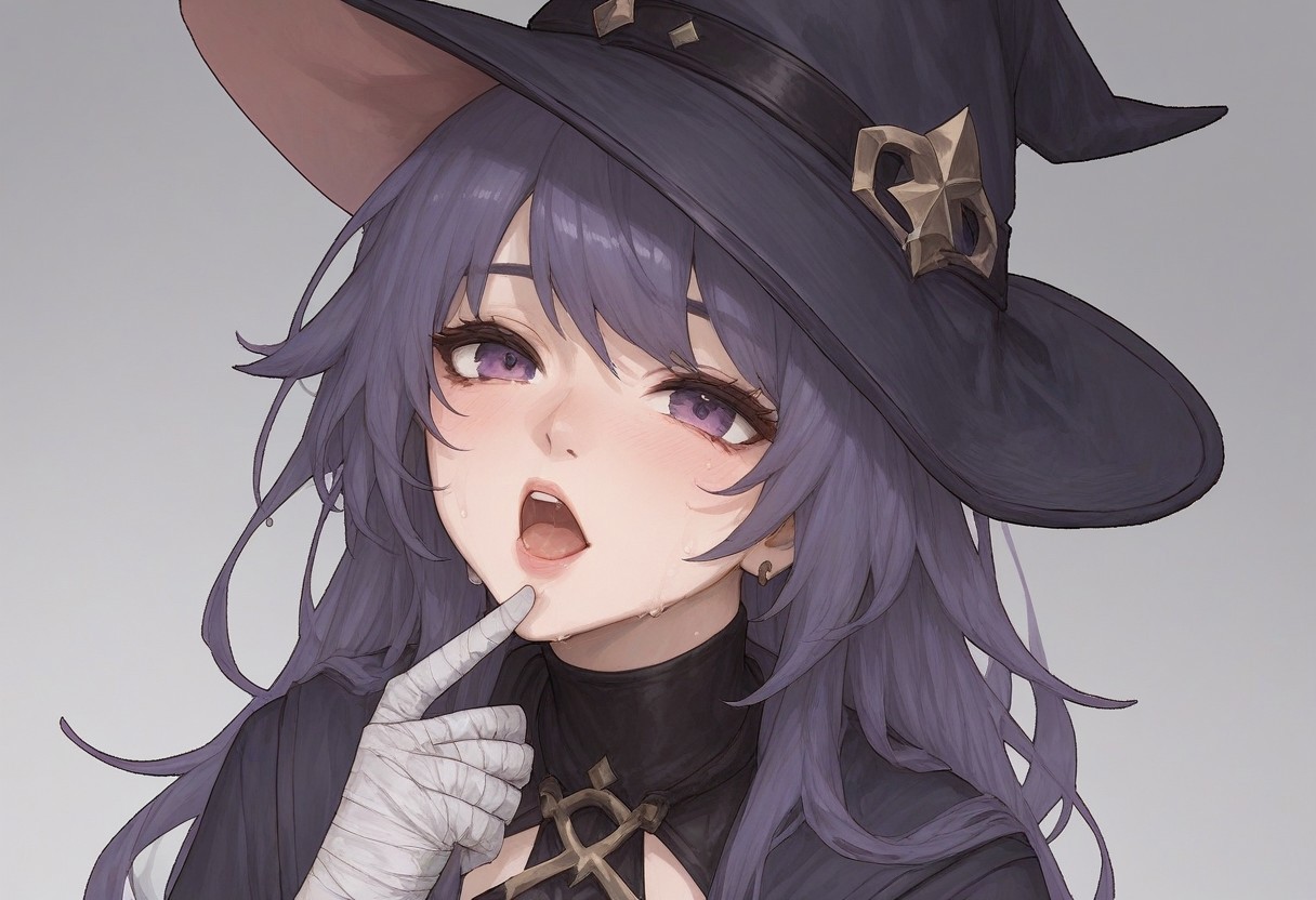 hanyu，bandage ,witch hat，sweaty shiny skin, , Expressiveh,score_9, score_8_up, score_7_up, best quality，
