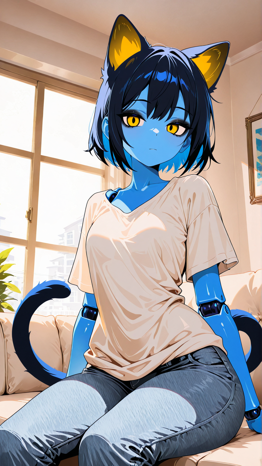 masterpiece, best quality, amazing quality, absurd res,
Flatline, Flat vector illustration, masterpiece, best quality, good quality, very aesthetic, absurdres, newest, 8K, depth of field, focused subject, dynamic closeup angle,
 <lora:Capek_mrbalderus_for_Illustrious:0.7> 1girl, c4pek, cat ears, cat tail, short hair, colored skin, blue skin, yellow eyes, joints, blue hair, black eyeshadow, medium hips, short, dark blue ears, dark blue tail, gold inner ear, 
 shirt, jeans, indoors, living room, window, sitting on couch,