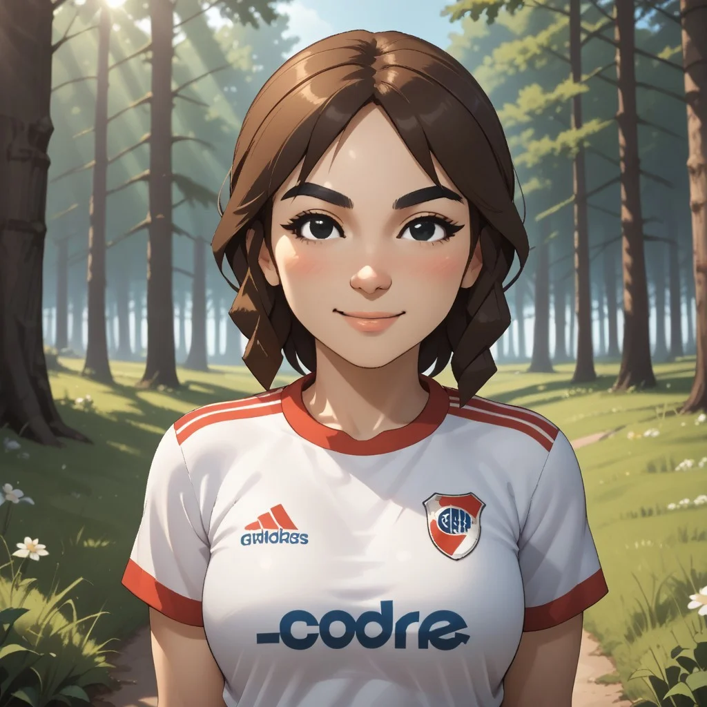 score_9, score_8, BREAK, solo, mii, wii u, wii sports club, female mii, 1girl, cute, brown hair, black eyebrows, black eyes, small nose, white skin, smile, blush, RiverPlate, striped shirt, striped, shirt, white shirt, short sleeves, clothes writing, sportswear, soccer uniform, breasts, Marit_(\Wii_Sports_Club\), Nintendo Mii, modern_mii, classic_mii, adult female, mature female, sexy pose, self portrait, smile, outdoors, sunlight, shadows, evening lighting, natural lighting, forest, trees, grass, orange sky, sunset