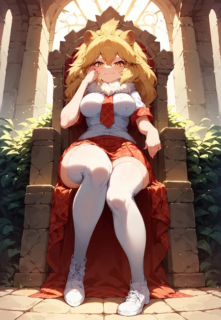 safe_pos, 1girl, ((solo)), best quality, ultra-detailed, extremely detailed, perfect anatomy, masterpiece, score_9, score_8_up, score_7_up, Expressiveh, lion (kemono friends), blonde hair, animal ears, tail, yellow eyes, long hair, hair between eyes, white shirt, short sleeves, fur collar, red skirt, plaid skirt, red necktie, plaid necktie, thighhighs, breast pocket, white shoes, medium breasts, thick thighs, wide hips, thigh squish, full body, indoors, medieval ruins, throne room ruins, stone throne, plant overgrowth, light shining in through windows, windows on sides, sitting in throne, leaning into throne, one leg crossed, resting elbow on leg, leaning forward, resting hand on cheek, confident look, confident smile, smug smile, staring at viewer, viewed from below, dynamic lighting, portrait shot,