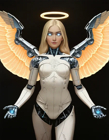 by thoma, solo, angel, cyborg, mechanical-wings, mechanical-halo, glowing-eyes, reaching-towards-viewer, cowboy-shot, straight-on, newest, masterpiece, best quality, absurdres, highres, general