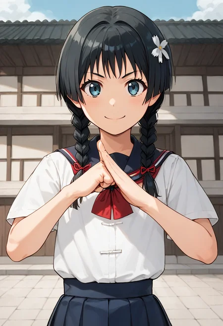 (fist-palm salute:1.5), score_9, score_8_up, score_7_up, source_anime, ultra detailed,
Generate a picture of a girl making fist-palm salute in a big garden in front of a big traditional Chinese building, (fist and palm folded in front), front view, light smile.
1girl has black hair which is made into twin braids with bangs, wearing hair ornament and hair flower, yellowish skin, flat chest, slender body with narrow waist, round face with light blue eyes, wearing sakugawa school uniform
saten ruiko, solo,
<lora:saten-ruiko-ponyxl-lora-nochekaiser:1>,<lora:fist-palm_salute_Pony:0.8>