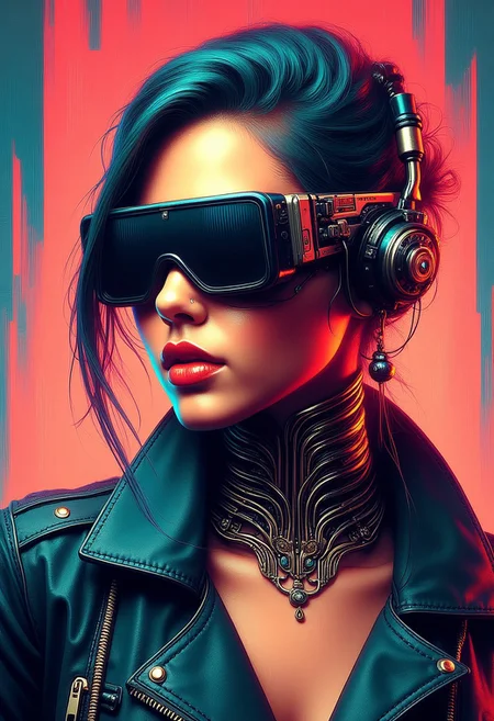 masterpiece, ((inkpunk cell-shaded style)), realistic painting, portrait of a beautiful cyberpunk girl,  leather jacket, earrings, necklace, cyberpunk headgear, mad-cybrpnkimprss