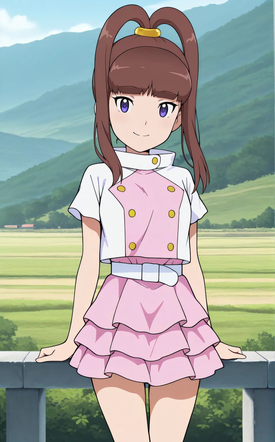 masterpiece, best quality, highres, scenery, newest, 1girl, solo, official style, <lora:IL_Amano_Nene_v2:1>, nene, white jacket, short sleeves, white belt, pink skirt, looking at viewer, smile, outdoor, cowboy shot