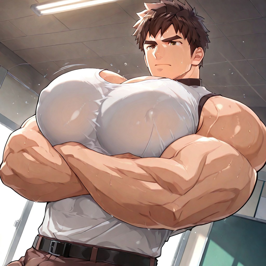 masterpiece, best quality, newest, absurdres, highres, male, dutch angle, 1man, okan_ardana, brown hair, brown eyes, bara, masterpiece, best quality, absurdres, newest, perfect quality, best quality, intricate details, bara, muscular male, long torso, shirt ripped, lifting up shirt, tight shirt, big pecs, big moobs, bouncing breasts, bouncing tits, indoors, gym room, upper body focus, brown sleeveless shirt, brown underwear, black belt, narrow waist, bulge, serious expression, crossed arms, detailed face, detailed eyes
