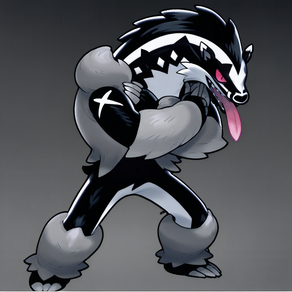 Score_7_up, score_8_up, score_9, official art, obstagoon, black and white fur, bushy fur, red eyes, full body, crossed arms, tongue out, ready pose, evil expression, dark misty background, red aura,