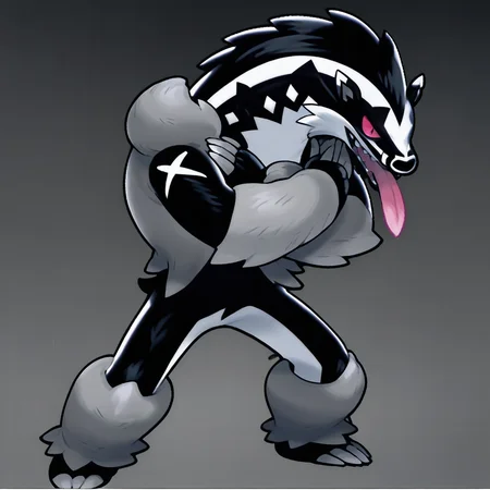 Score_7_up, score_8_up, score_9, official art, obstagoon, black and white fur, bushy fur, red eyes, full body, crossed arms, tongue out, ready pose, evil expression, dark misty background, red aura,