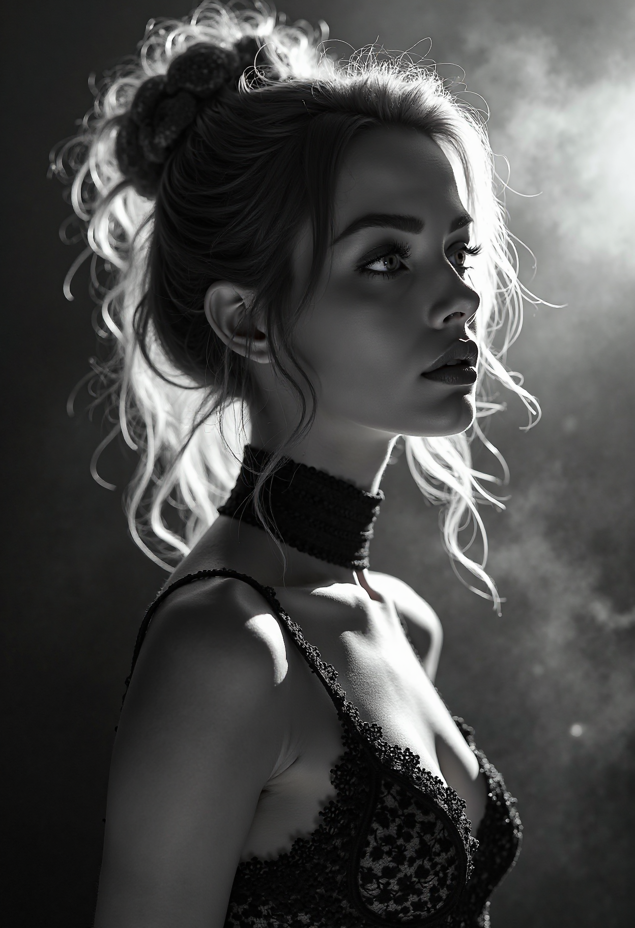 A highly detailed, black-and-white, silhouette, closeup, professional photo portrait of a young woman with a delicate, almost otherworldly beauty. She has fair, porcelain-like skin and striking almond-shaped eyes framed by long, dark lashes that draw attention to her gaze. Se is looking to the left, away from viewer. Her hair is voluminous and styled in an elegant updo, with soft, loose strands falling around her face to soften her features. Her lips are full and slightly parted, lending a subtle, sultry allure to her expression. She wears a form-fitting, high-necked top made of delicate, fishnet fabric, which accentuates her slender physique and adds a touch of subtle sensuality. The background is pitch black, with smoke behind the woman, creating a dramatic contrast with her light skin and hair, drawing the viewerâs focus entirely onto her. The lighting, hitting only one side of her face, is hard in chiaroscuro style, giving depth to her features and an air of mystery. The overall style blends gothic and fantasy influences, with a strong emphasis on realism and a refined sense of elegance and enigma.
