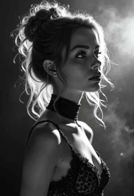 A highly detailed, black-and-white, silhouette, closeup, professional photo portrait of a young woman with a delicate, almost otherworldly beauty. She has fair, porcelain-like skin and striking almond-shaped eyes framed by long, dark lashes that draw attention to her gaze. Se is looking to the left, away from viewer. Her hair is voluminous and styled in an elegant updo, with soft, loose strands falling around her face to soften her features. Her lips are full and slightly parted, lending a subtle, sultry allure to her expression. She wears a form-fitting, high-necked top made of delicate, fishnet fabric, which accentuates her slender physique and adds a touch of subtle sensuality. The background is pitch black, with smoke behind the woman, creating a dramatic contrast with her light skin and hair, drawing the viewerâs focus entirely onto her. The lighting, hitting only one side of her face, is hard in chiaroscuro style, giving depth to her features and an air of mystery. The overall style blends gothic and fantasy influences, with a strong emphasis on realism and a refined sense of elegance and enigma.