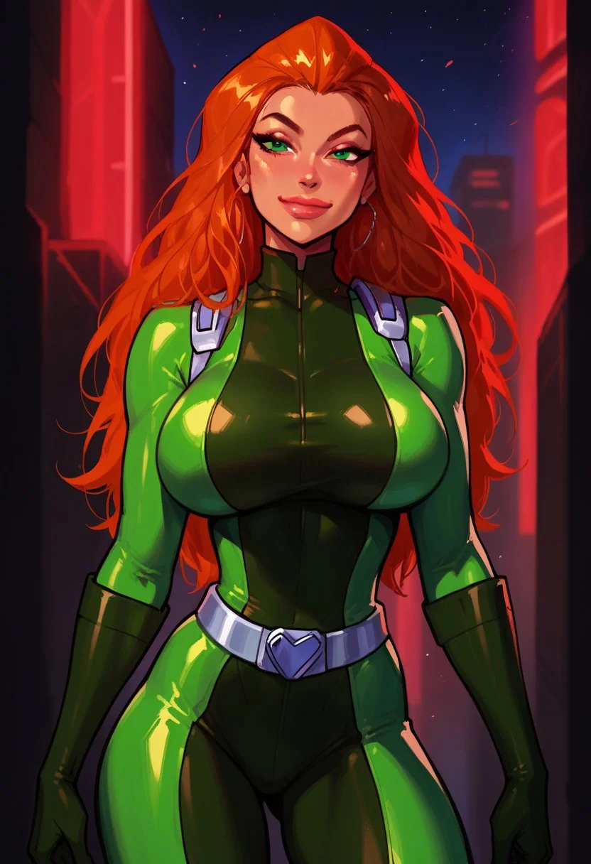 score_9, score_8_up, score_7_up, score_6_up, score_5_up, score_4_up, masterpiece, perfect face, perfect eyes, 4ng3l face, neon city, night time, sexy girl, Sam, 1girl, solo, sam \(totally spies\), orange hair, long hair, green eyes, Sam sexy posing, green bodysuit, belt, standing, (large breasts:1.3), thick thighs, seductive look, seductive smile, closed mouth, front view,