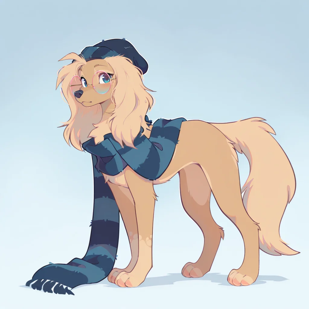 masterpiece,best quality,amazing quality, general, solo, solo female, pose, sfw, Mirta, furry female, striped scarf, beanie, blue eyes, saluki, pink rounded eyewear, solo, feral, feral female, standing, paws, cute, looking at viewer, beautiful, adorable <lora:Mirta_Velsea:0.8>