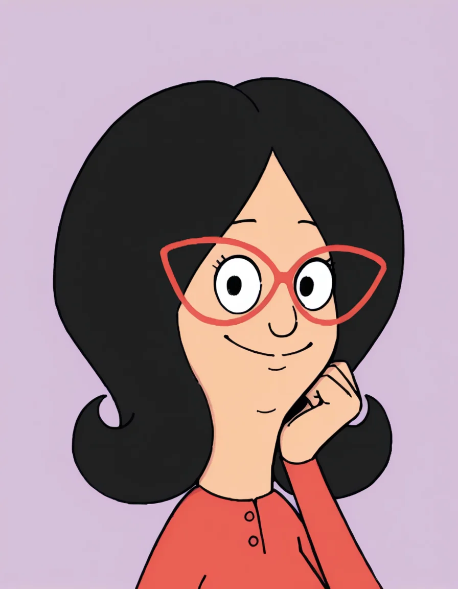 <lora:LindaBelcherIllustrious1.0JLFO:1> linda, 1girl, black hair, solo, glasses, red-framed eyewear, smile, red shirt, long sleeves, black eyes, looking at viewer,  upper body,portrait, simple background,