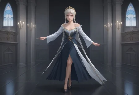 1 woman, yor briar, yor forgfer, holding iconic yellow sewing needle knives, wearing a blue Elsa dress, smiling, standing in an icy palace, black heels, big breasts with cleavage, elegant ballroom made of ice, squaring off against villains, saving Anya or Loid from distress, hair braided like Elsa, icy blue ballgown, dynamic pose