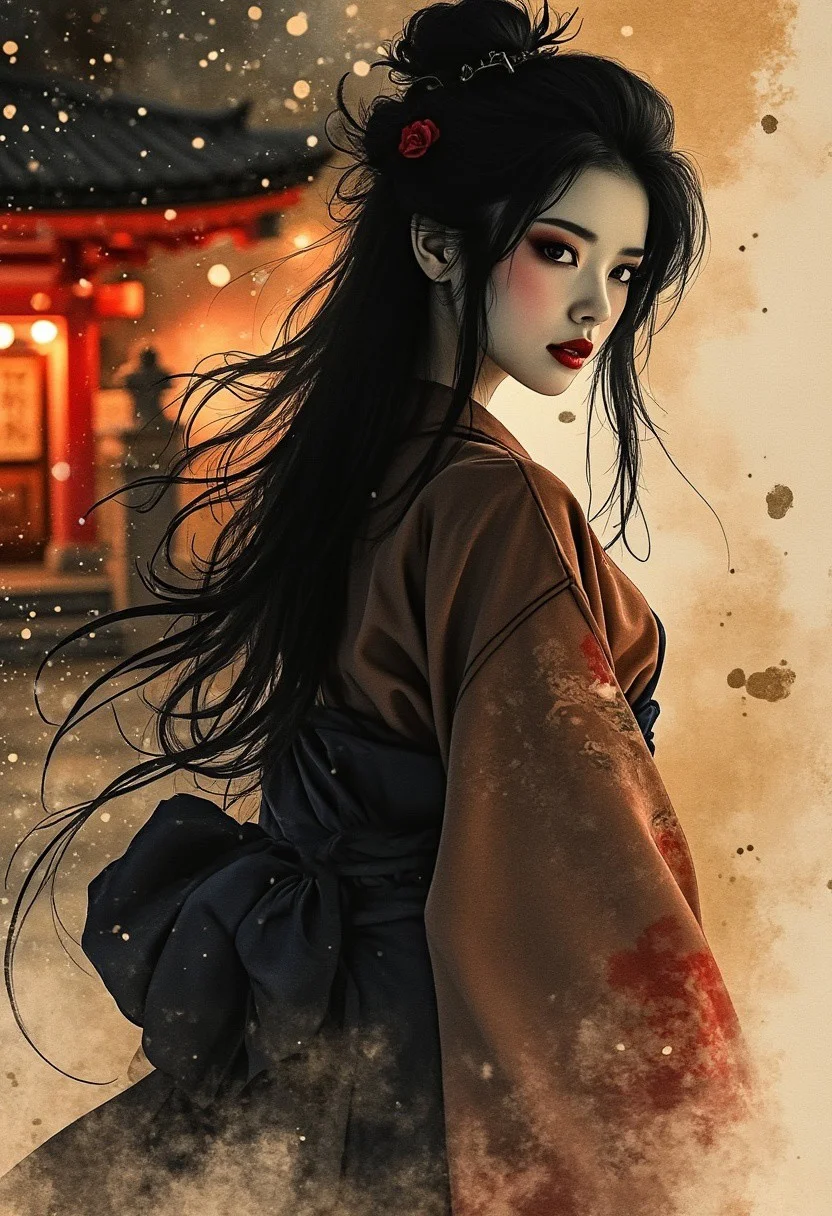 Expressive Watercolor Ink Wash, Inkplash art on rice paper, sepia, henna , Silhouette Art, magnificent, stunning japanese woman, long flowing hair, sidelocks, dark eyeshadow, red lips, direct gaze, silhouetted at night, in front of shinto shrine, bokeh, chiascuro, dark abstract background