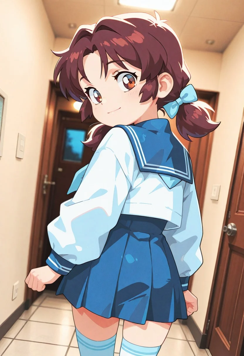 score_9, score_8_up, score_8, highly detailed, masterpiece, source_anime, cinematic light, hyper cute style, cinematic lighting, depth of field, volumetric lighting, highres, absurdres, soft pastel colors. realistic, highs details, depth of field, intricate details, (hyperdetailed), high detail, best quality, very aesthetic BREAK 1girl, solo, masterpiece, best quality, very aesthetic, absurdres, newest, very awa, adachi_taeko, brown hair, brown eyes, blue hair bow, low twintails, t_clothes, blue sailor suit, long sleeves, pleated skirt, 1990s \(style\), anime screencap, BREAK skinny, closed mouth, light smile, (looking back:1.1), looking at viewer BREAK dynamic view, dutch angle, Perspective, simple background, blurry background, indoors, Loop Lighting, volumetric lighting, negative space, sheet, kaidan, stairs, door, indoors, scenery, tiles, hallway, window, tile floor, wall, ceiling light, shadow, photo background.
