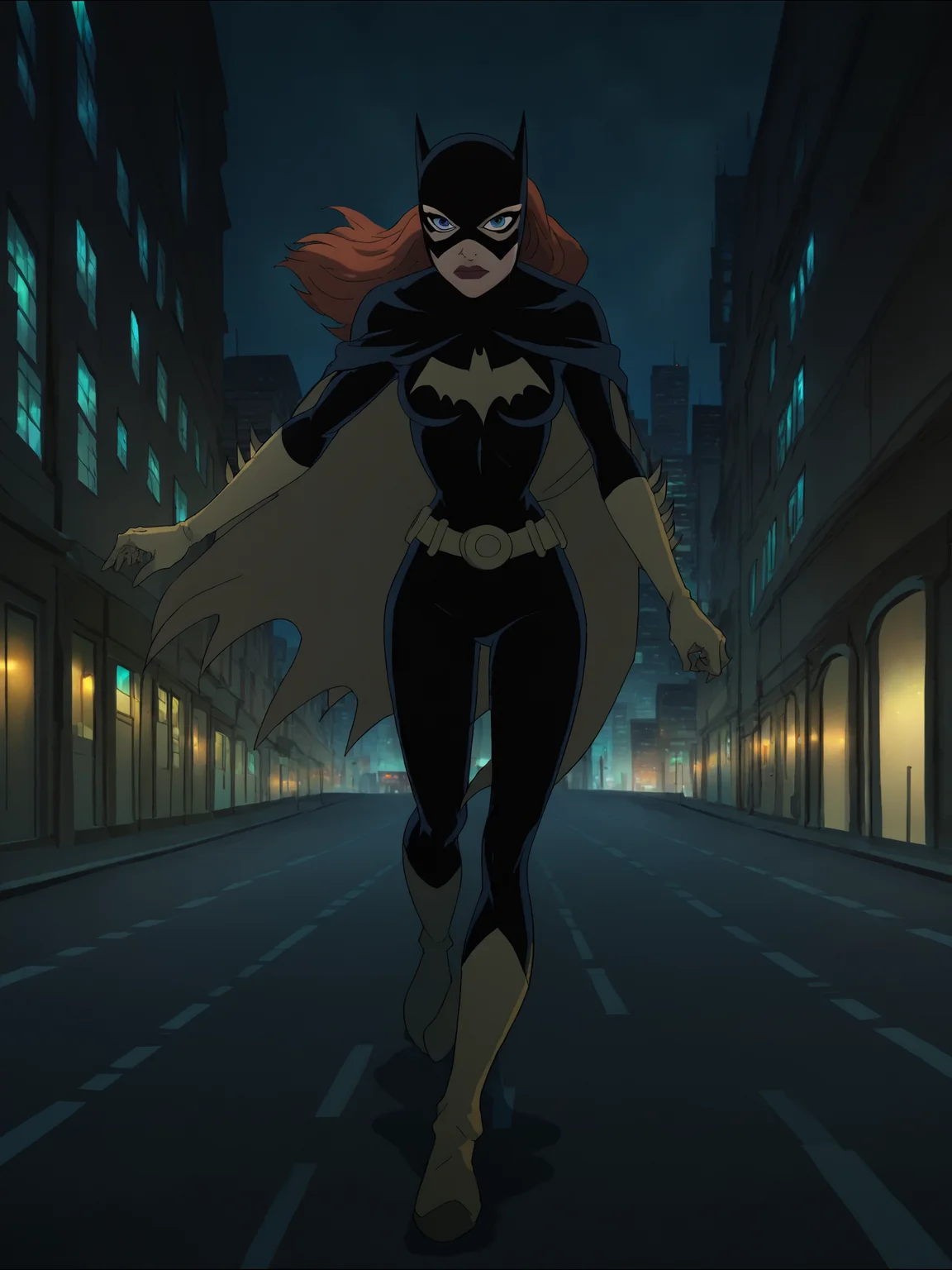 <lora:BatgirlPony1.0:1> BarbaraG, 1girl, solo, cape, mask, belt, gloves, blue eyes, superhero, long hair, bodysuit, lipstick, batgirl,boots,city, night, looking at viewer, score_9, score_8_up, score_7_up, score_6_up, score_5_up, score_4_up