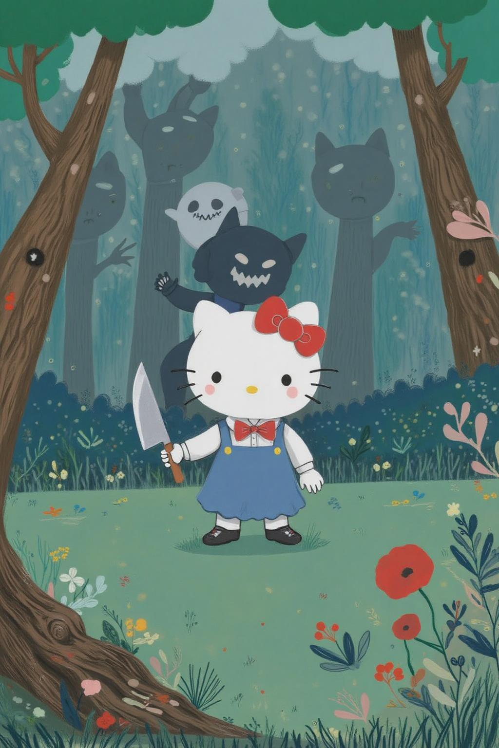 al1ca Illustration. 
Hello Kitty in the middle of the forest holding a knife, the atmosphere and the character looks scary, Hello Kitty is hidden by the shadows.  <lora:al1ca1_cap_d6a3e11:1.0><lora:828091981537465014:0>