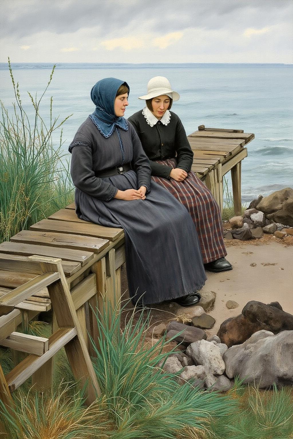 lauritsandersenring1 painting. 
Two women sit on a wooden dock that extends into the water. One wears a blue bonnet, the other a white hat. The dock is weathered, with a ladder leading down to the shore. Tall grasses and rocks surround them. The background shows a calm body of water and an overcast sky. <lora:lauritsandersenring1_cap_d8a4e13:1.0><lora:857010123028079528:0>